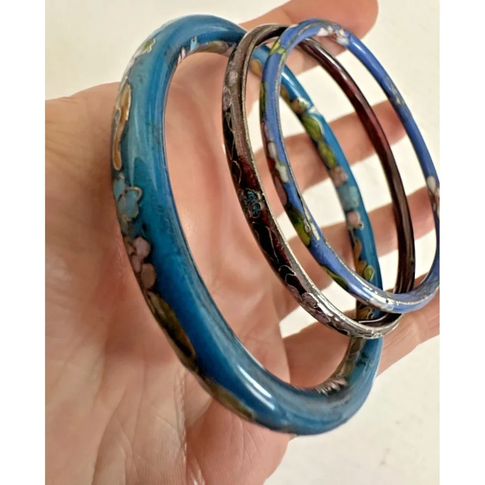 Cloisonne Bangle Bracelet Blue Aqua Floral Pink Metal Set of 3